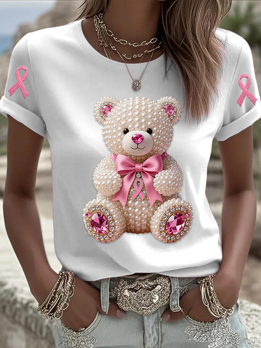 Retro mama câncer pérola arco urso impressão manga curta t-shirt