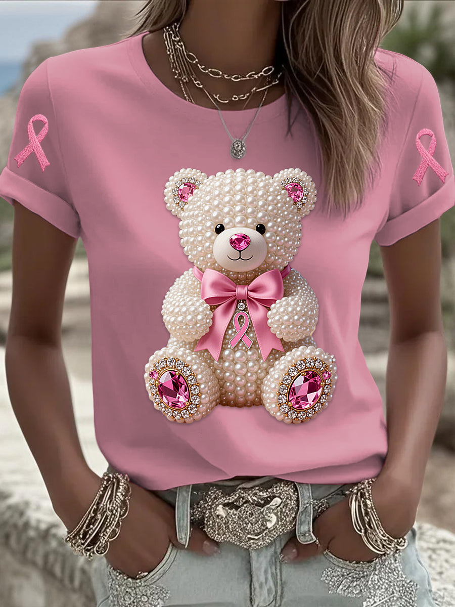 Retro mama câncer pérola arco urso impressão manga curta t-shirt