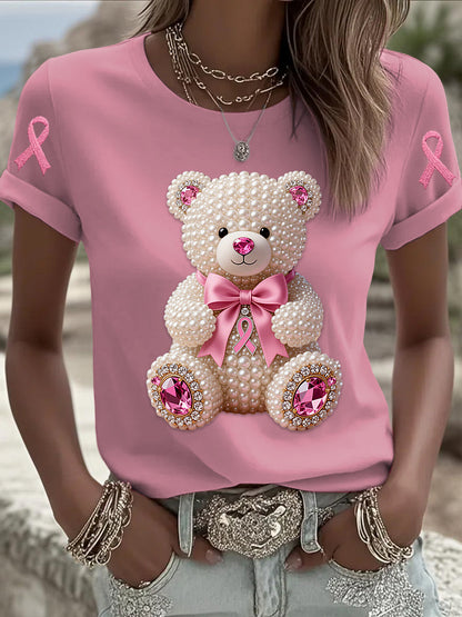 Retro mama câncer pérola arco urso impressão manga curta t-shirt