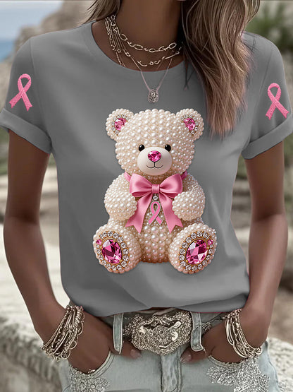 Retro mama câncer pérola arco urso impressão manga curta t-shirt