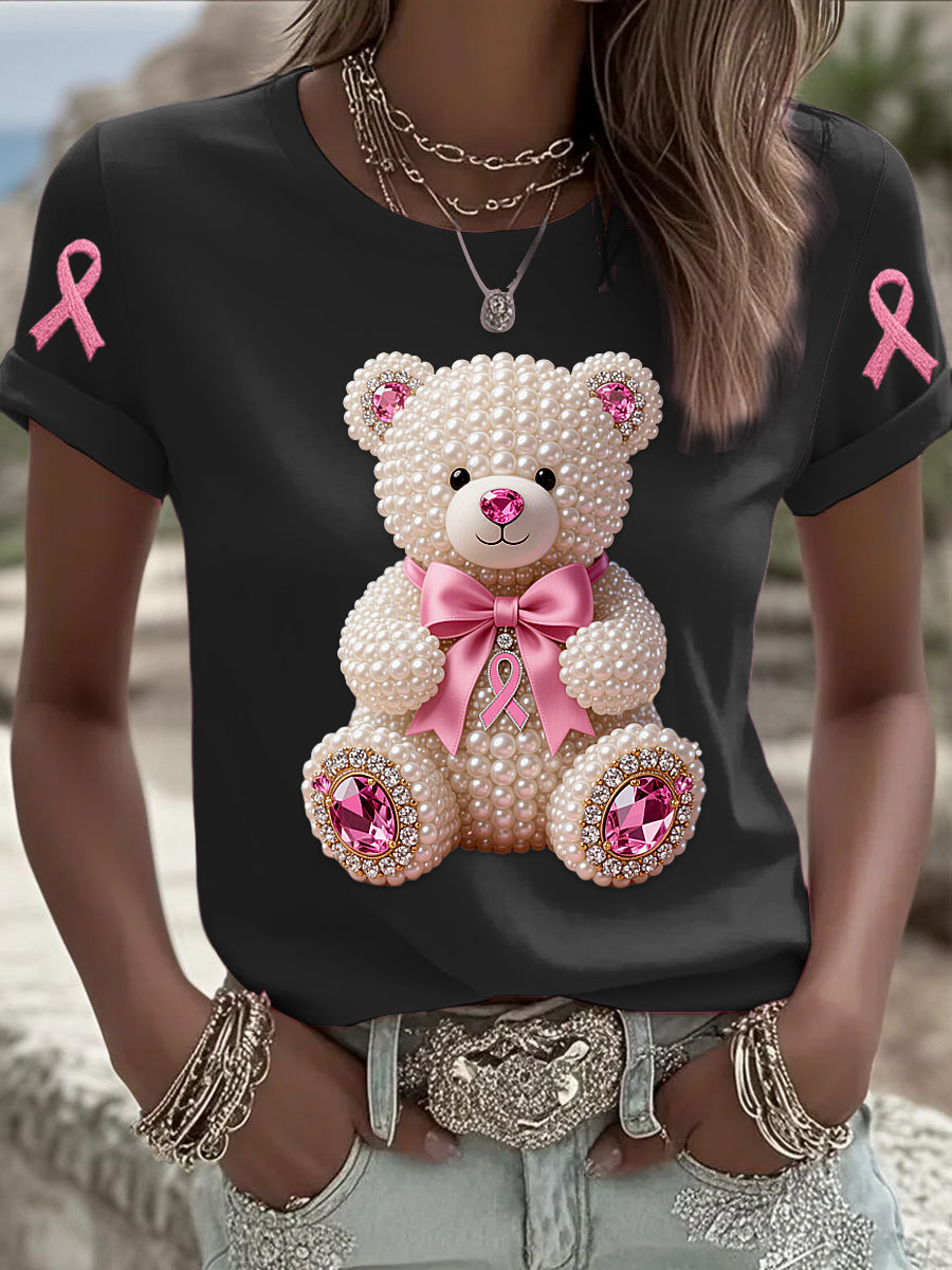 Retro mama câncer pérola arco urso impressão manga curta t-shirt