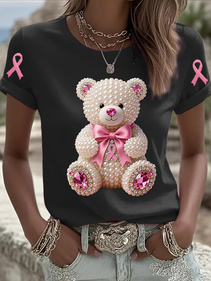 Retro mama câncer pérola arco urso impressão manga curta t-shirt