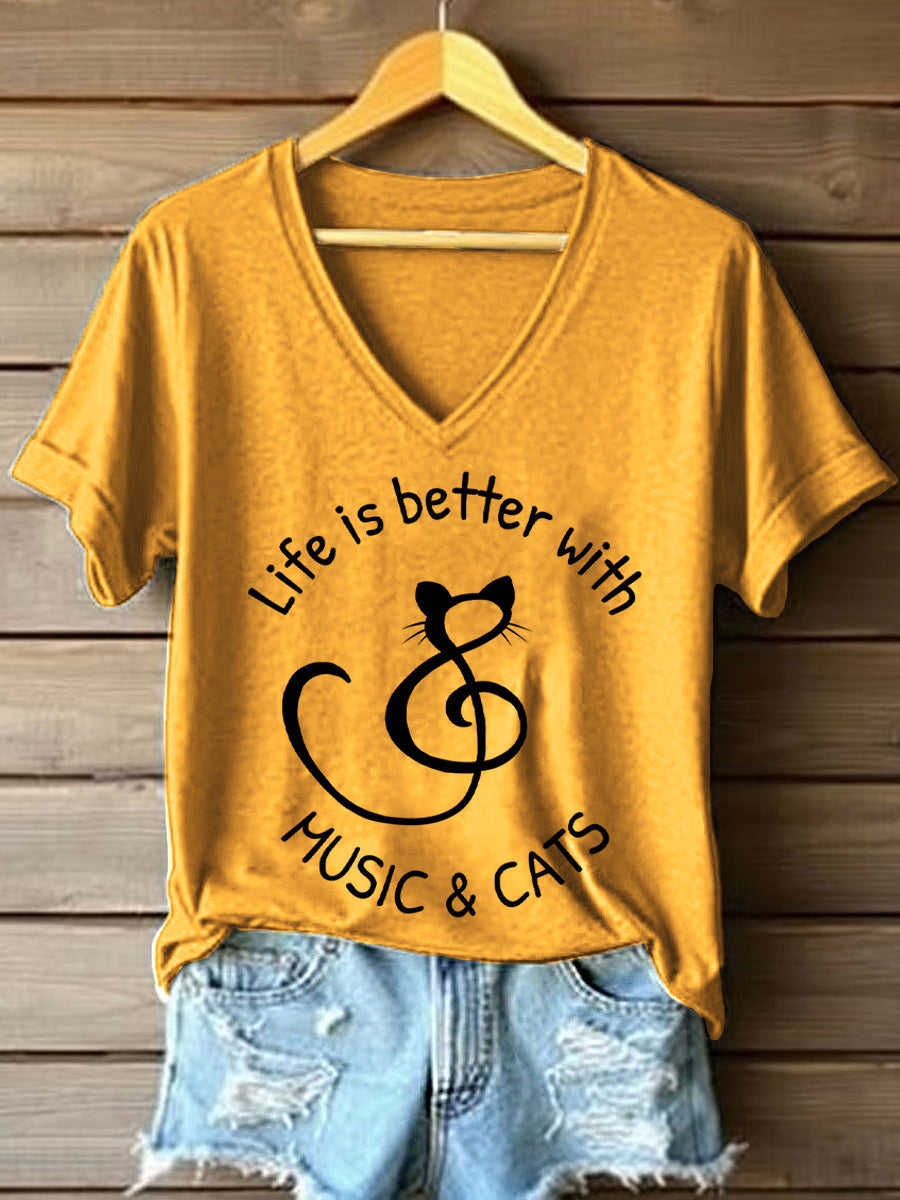 A vida das mulheres é melhor com música e gatos imprimir V-Neck T-shirt