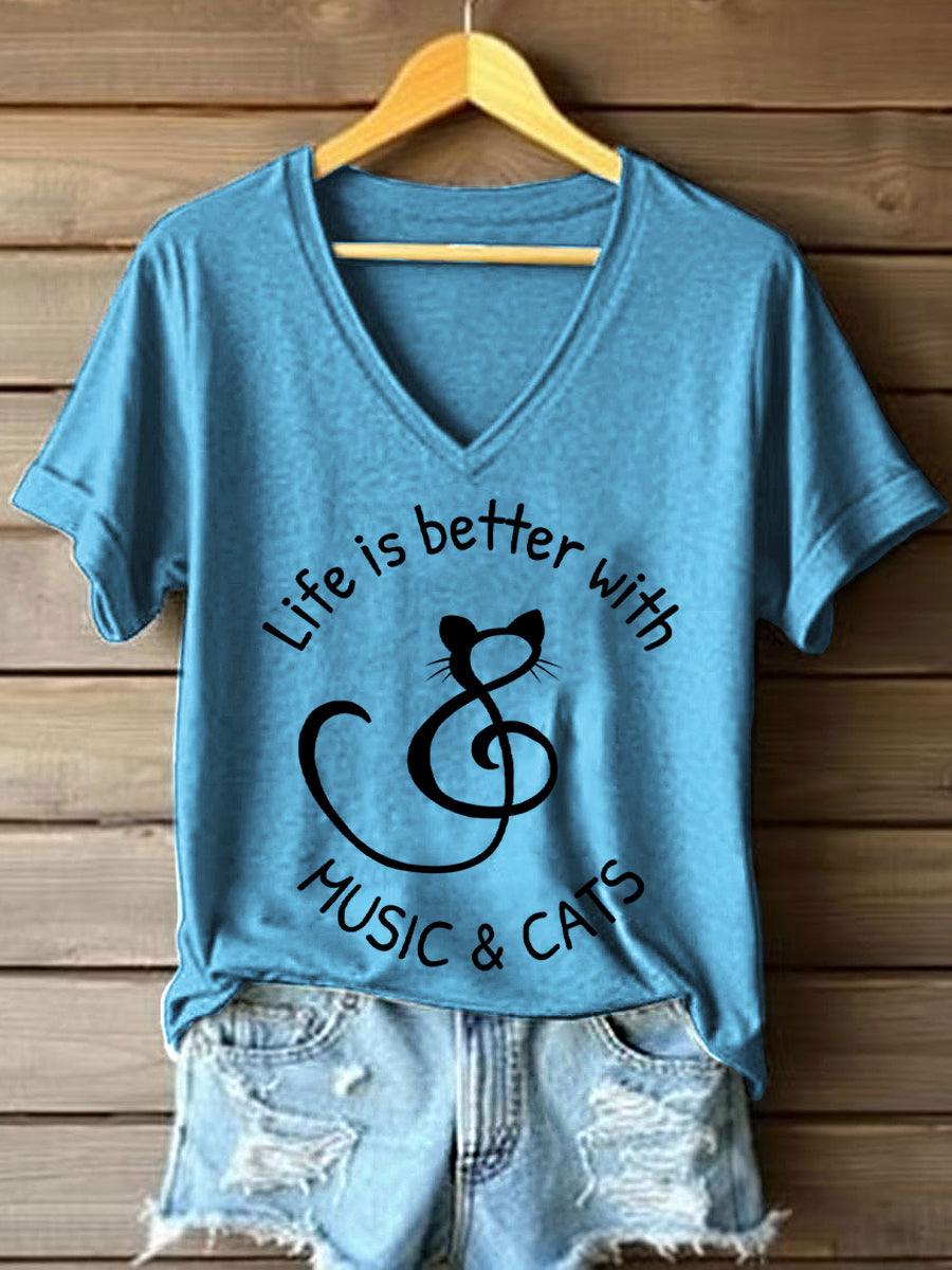 A vida das mulheres é melhor com música e gatos imprimir V-Neck T-shirt