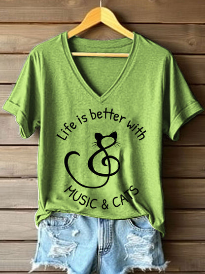 A vida das mulheres é melhor com música e gatos imprimir V-Neck T-shirt