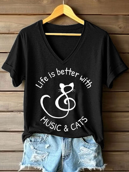 A vida das mulheres é melhor com música e gatos imprimir V-Neck T-shirt