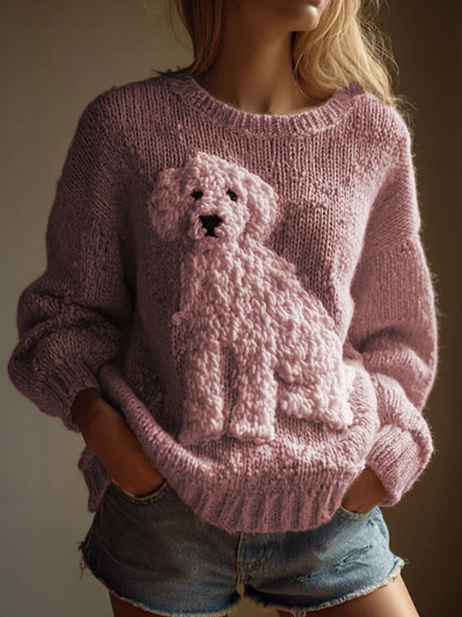 Vintage cão fuzzy do mulheres sentiu camisola de malha aconchegante