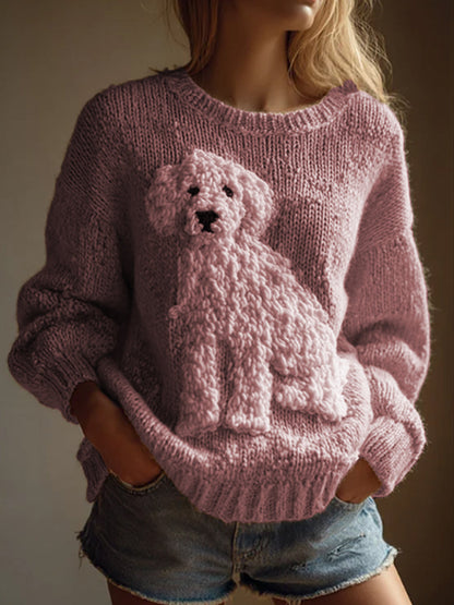 Vintage cão fuzzy do mulheres sentiu camisola de malha aconchegante