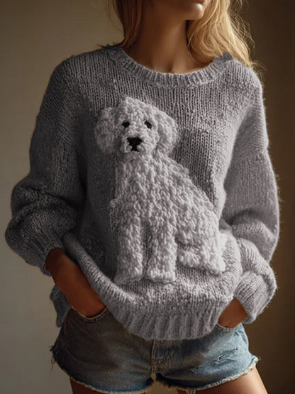 Vintage cão fuzzy do mulheres sentiu camisola de malha aconchegante