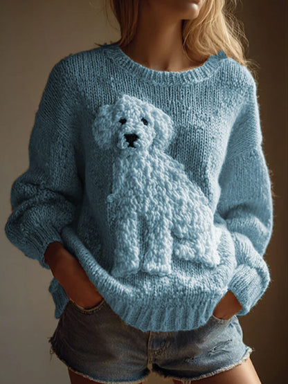 Vintage cão fuzzy do mulheres sentiu camisola de malha aconchegante