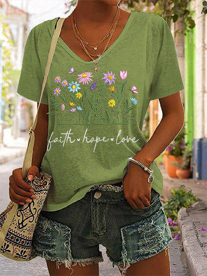 Floral fé esperança amor impressão Casual V-Neck Tee das mulheres