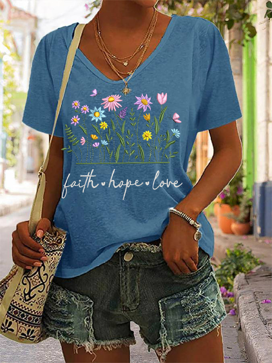 Floral fé esperança amor impressão Casual V-Neck Tee das mulheres
