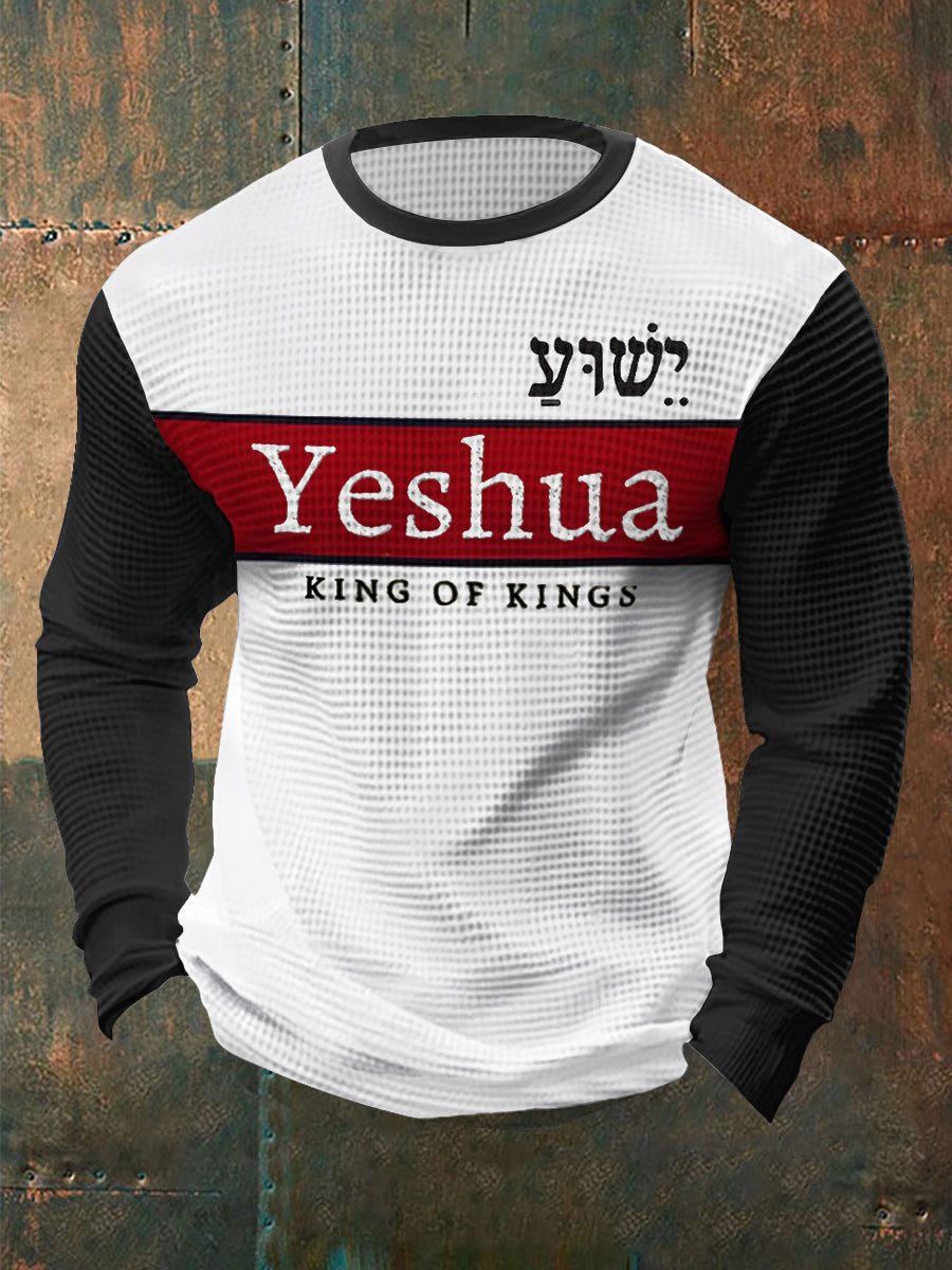 Verso da Bíblia dos homens “Yeshua Rei DOS Reis Senhor Dos Senhores” Impresso Waffle Manga Longa T-Shirt