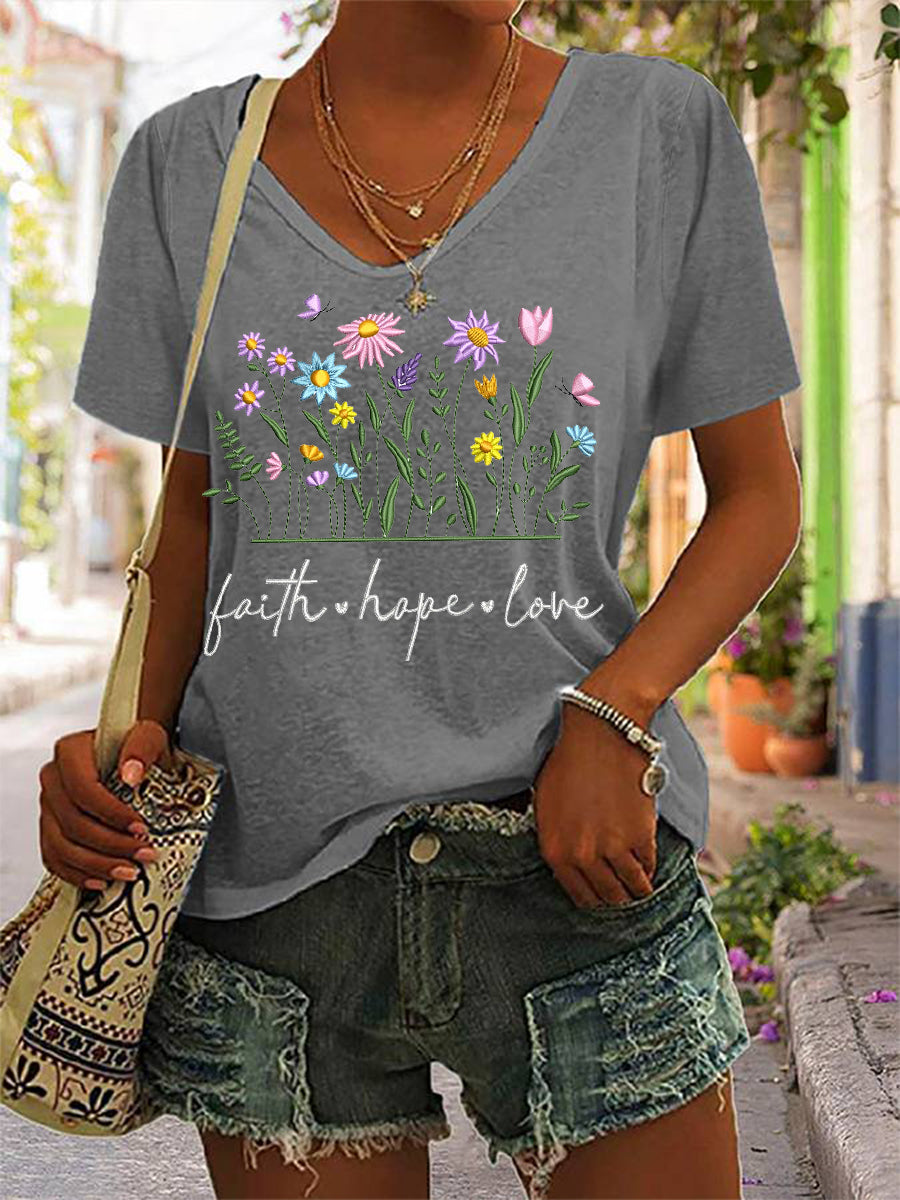 Floral fé esperança amor impressão Casual V-Neck Tee das mulheres