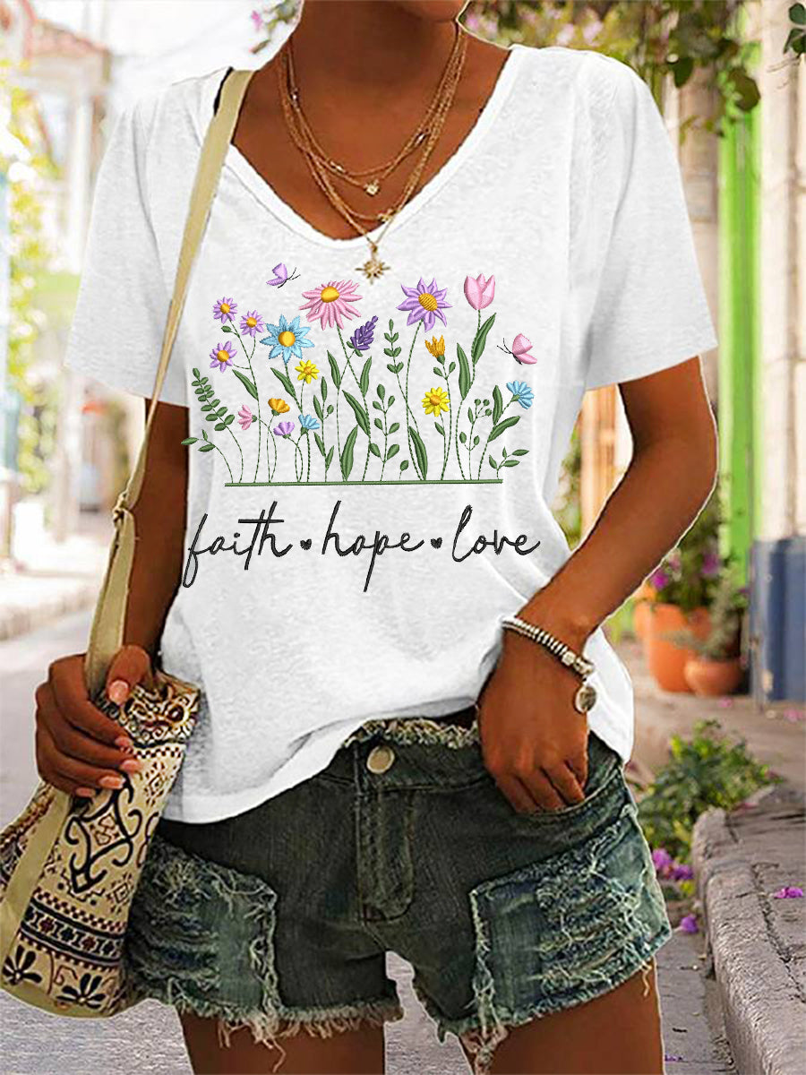 Floral fé esperança amor impressão Casual V-Neck Tee das mulheres