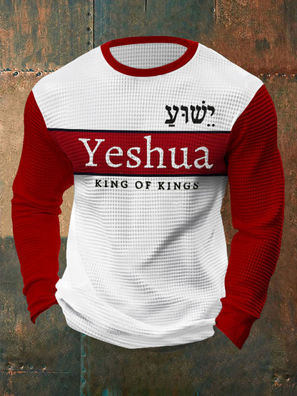 Verso da Bíblia dos homens “Yeshua Rei DOS Reis Senhor Dos Senhores” Impresso Waffle Manga Longa T-Shirt