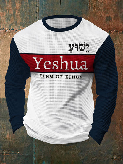 Verso da Bíblia dos homens “Yeshua Rei DOS Reis Senhor Dos Senhores” Impresso Waffle Manga Longa T-Shirt