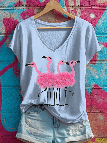 Camisetas Rosa Flamingo V-Neck Feminina