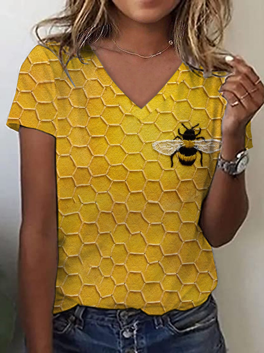 Tee V-Neck Bee Print Casul feminino