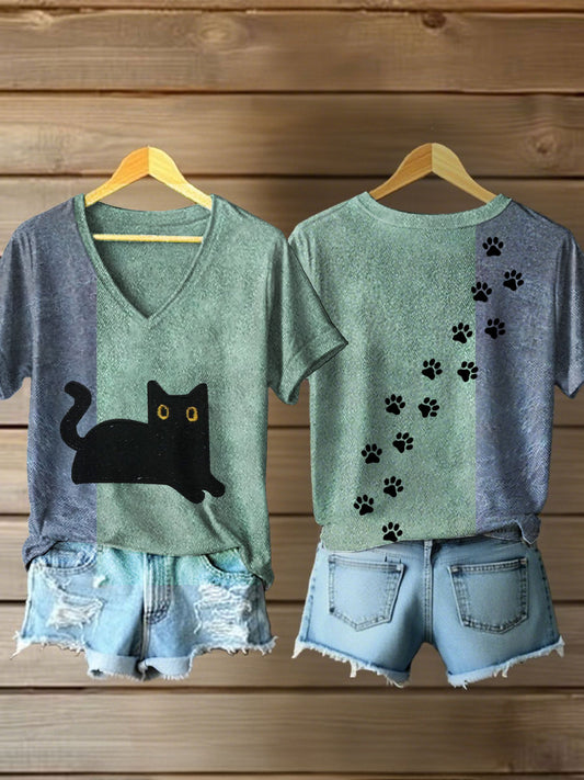 Gato preto das mulheres imprimir V-neck T-shirts