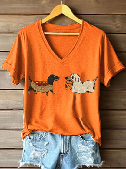 T-shirt bordado V-Neck Dachshund Halloween feminino
