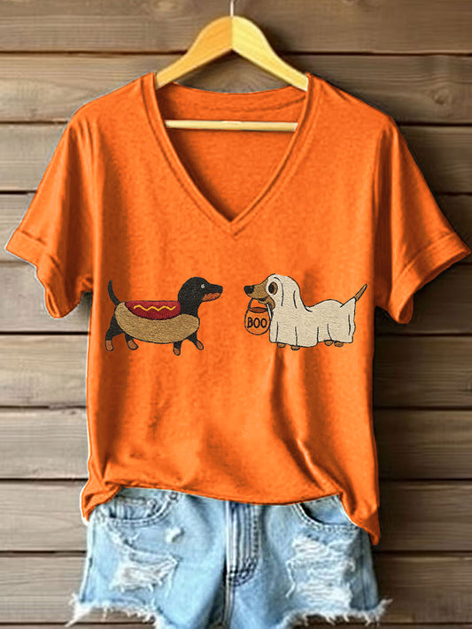 T-shirt bordado V-Neck Dachshund Halloween feminino