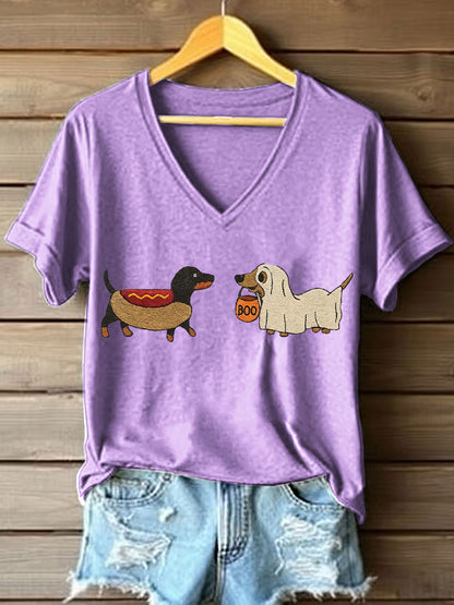 T-shirt bordado V-Neck Dachshund Halloween feminino