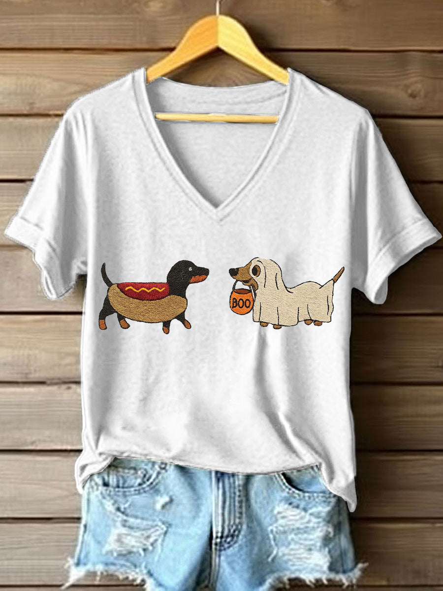 T-shirt bordado V-Neck Dachshund Halloween feminino