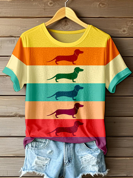 Dachshund colorido listrado impressão t-shirt das mulheres