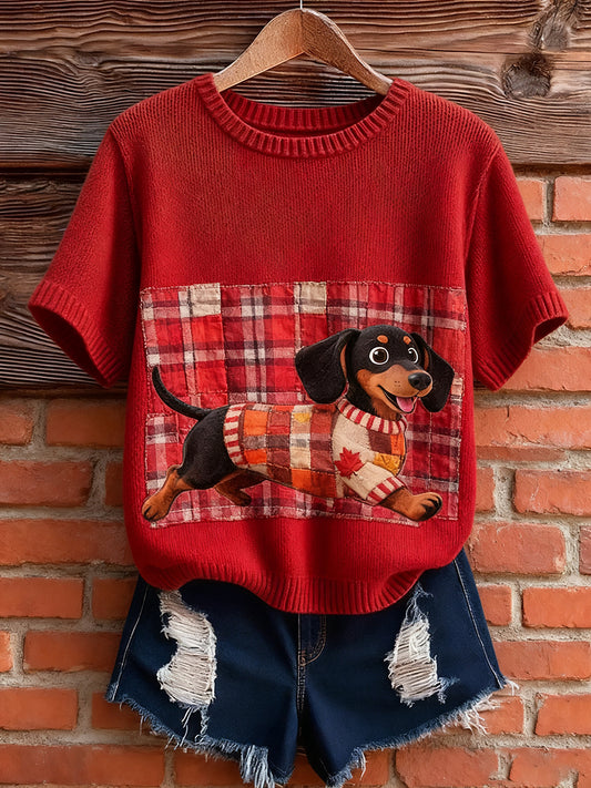 Artístico Animal Print Confortável Malha Top de manga curta feminino
