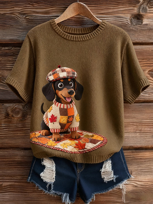 Artístico Animal Print Confortável Malha Top de manga curta feminino