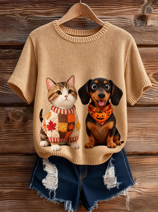 Artístico Animal Print Confortável Malha Top de manga curta feminino