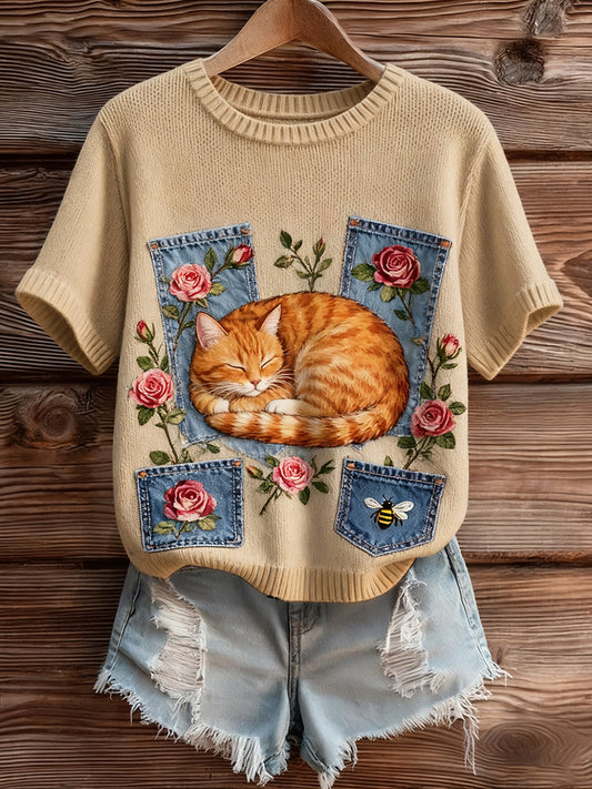 Artístico Animal Print Confortável Malha Top de manga curta feminino