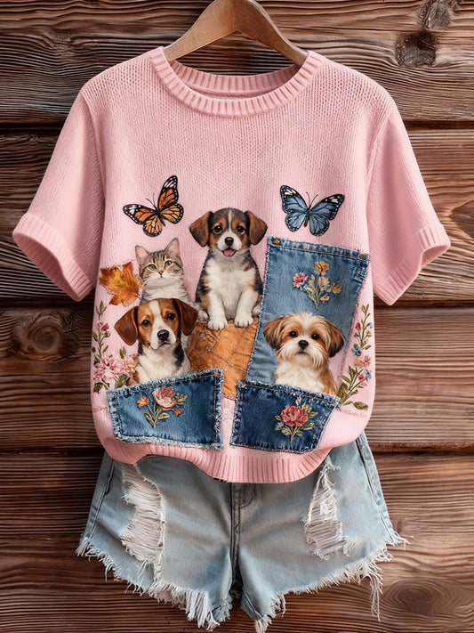 Artístico Animal Print Confortável Malha Top de manga curta feminino