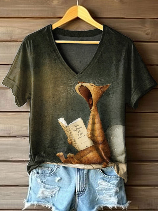Gato Vintage arte impressão v-Neck t-shirt feminino