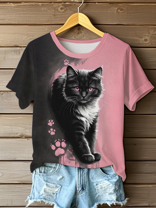 Gato engraçado das mulheres imprime camiseta casual