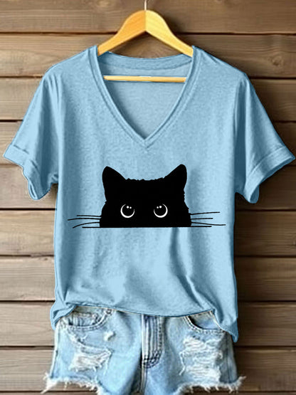 Gato bonito das mulheres imprime t-shirt do decote v