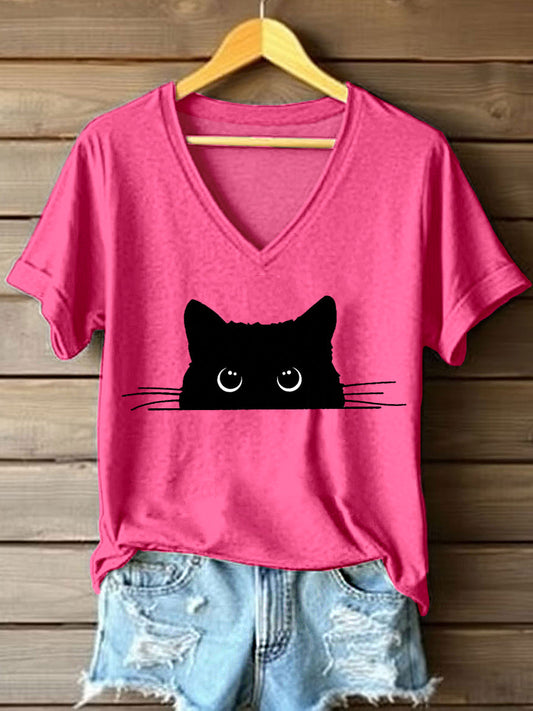 Gato bonito das mulheres imprime t-shirt do decote v