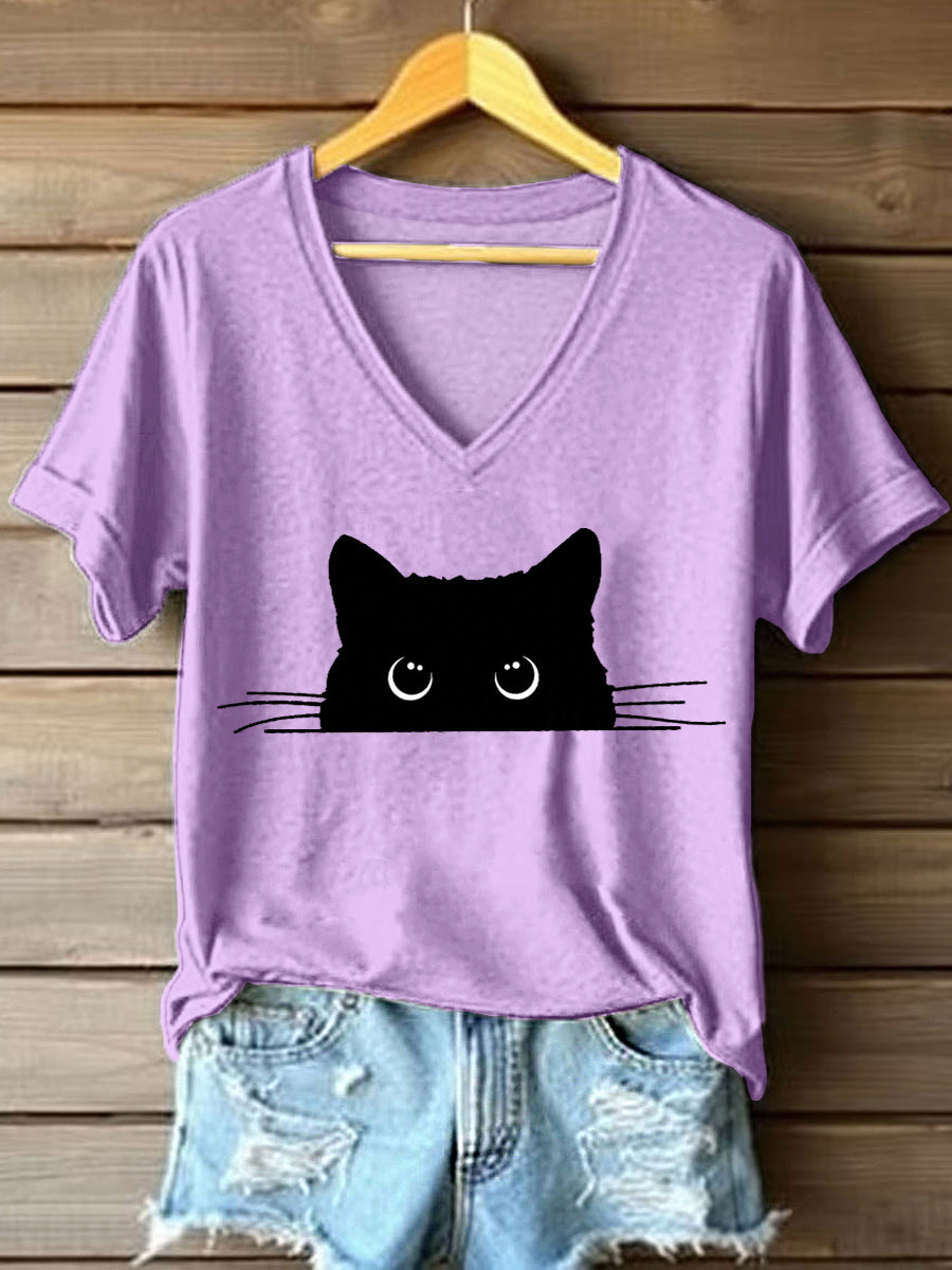 Gato bonito das mulheres imprime t-shirt do decote v