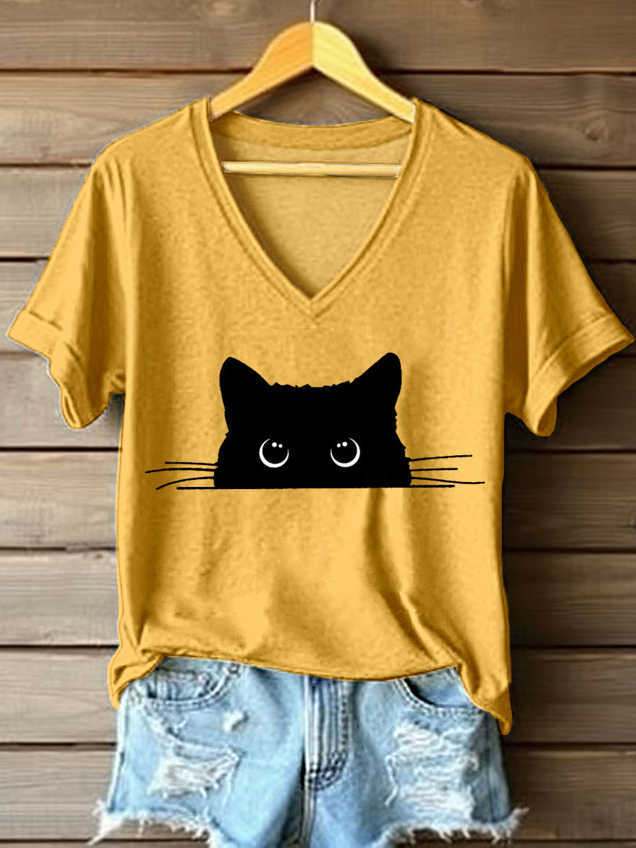 Gato bonito das mulheres imprime t-shirt do decote v