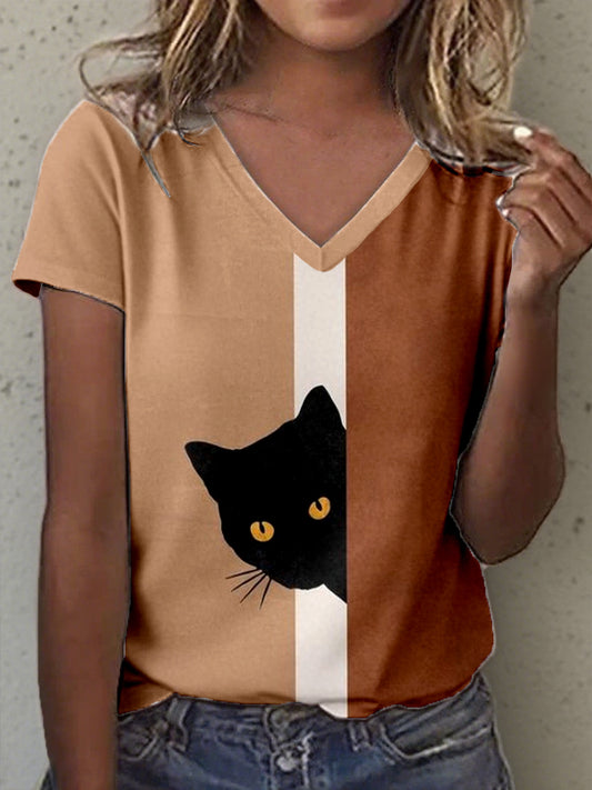 Gato bonito arte impressão v-Neck t-shirt feminino