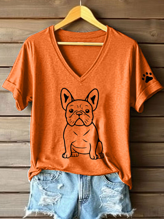 Linha artística buldogue francês impressão t-shirt V-Neck feminino