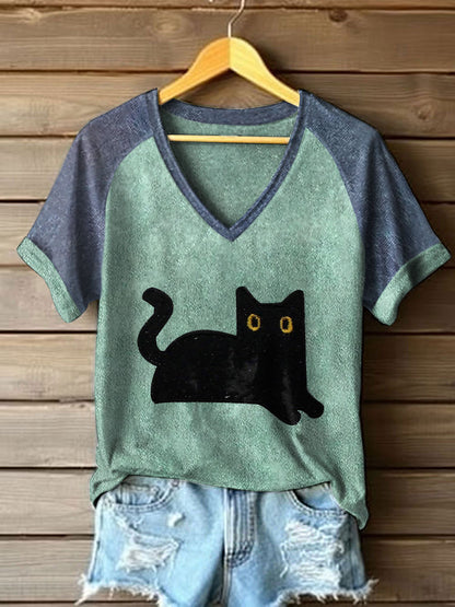 T-shirts feminino preto cor-bloco V-neck