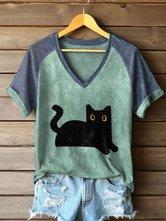 T-shirts feminino preto cor-bloco V-neck
