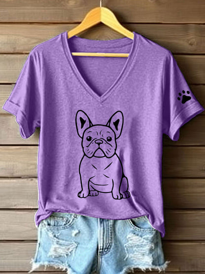 Linha artística buldogue francês impressão t-shirt V-Neck feminino