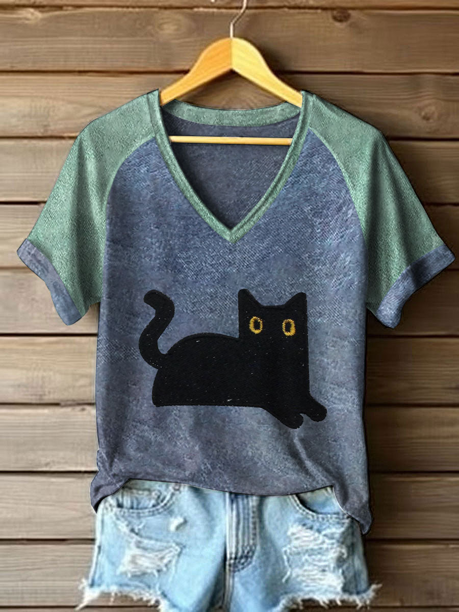 T-shirts feminino preto cor-bloco V-neck