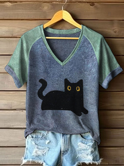 T-shirts feminino preto cor-bloco V-neck