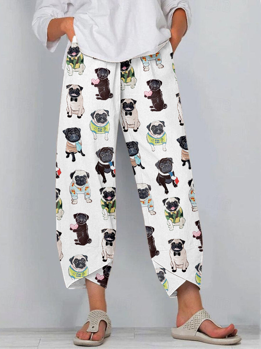 Calças de linho bonito Pug impressão feminino