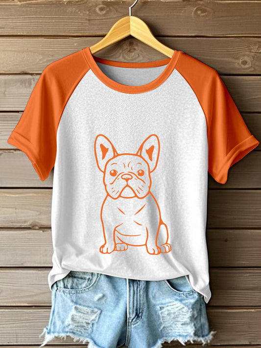 Linha arte buldogue francês impressão contraste t-shirt das mulheres