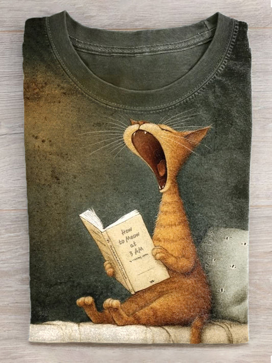 Gato feminino arte impressão camiseta de manga curta Vintage